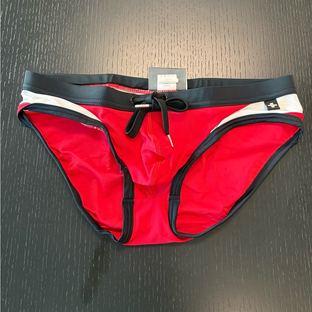 Andrew Christian Red Swim Briefs with Black Trim and White Accent